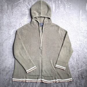 Lands End Drifter Sweater Womens Sz 1X Green 100% Cotton Zip Up Hooded Cardigan